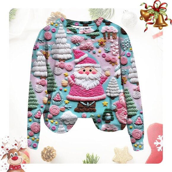 Yinbwol Women Multi Long Sleeve Oversize Round Neck Pull On Christmas Sweatshir - Picture 3 of 5